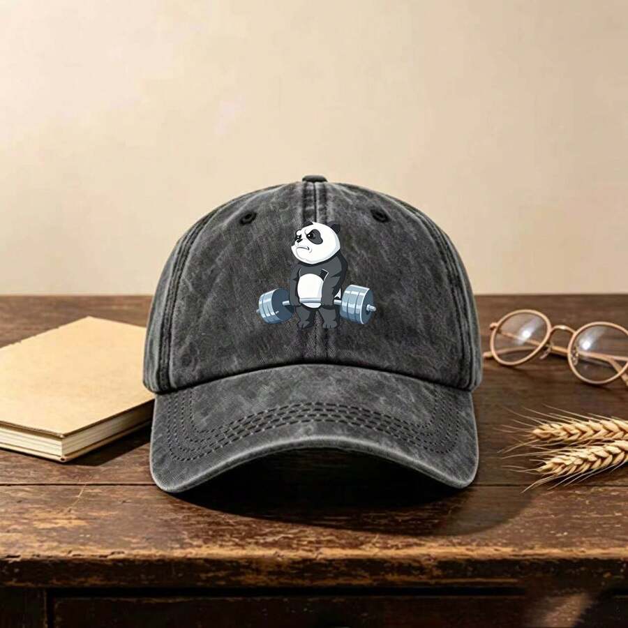 1pc Gothic-Style Casual Washed Men Hat,Panda Printing, Unisex Fashion, Provides Shade & Sun Protection, Perfect For Outdoor Activities.
