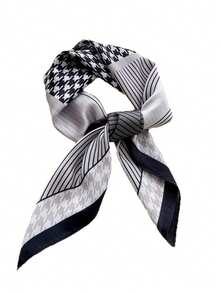 1pc Women's Vintage Houndstooth Diagonal Striped Small Square Bandana, Colorblock Geometric Patchwork Satin Silk Scarf, Versatile Necktie Hairband Bag Tie, Commuter Office Chic Outfit Accessory - Multicolor - View 9