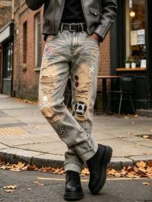 Men's Denim Jeans Halloween Outfit | Vintage Distressed Ripped Jeans, Spooky Street Vibe - Camel - View 2