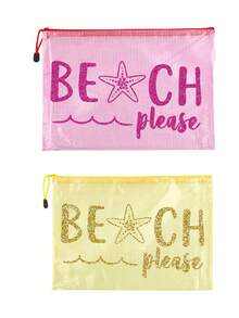 防水PVC沙灘包，亮色彩色「Beach」字母印花，A4尺寸透明化妝包，尼龍拉鍊網格收納袋，輕便攜式盥洗用品收納袋，透明沙灘配件包，適合游泳、潛水、夏季度假、郵輪旅行，適用於年輕男女，旅行必備，度假禮物，母親節禮物 - 彩色 - 查看 17