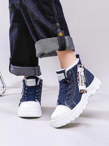 Flipark 1 Pair Leopard Print Lace-Up Thick Sole High-Top Boots For Women, Warm Lining, Sizes 36-43, Suggest Ordering One Size Up, Street Style Boots For Winter - Blue - View 3