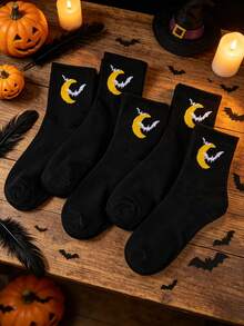5 pares de calcetines de media caña para mujer de Halloween, con patrón de luna y murciélago, lavables a máquina - negro, adecuados para fiestas de Halloween y uso diario, calzado festivo, diseño de calcetines peculiar, material de calcetines cómodo - Multicolor - Ver 5