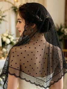 1pc Solid Color Polka Dot Lace Mesh Shawl Headscarf Triangle Scarf - S55884 - Black - View 2