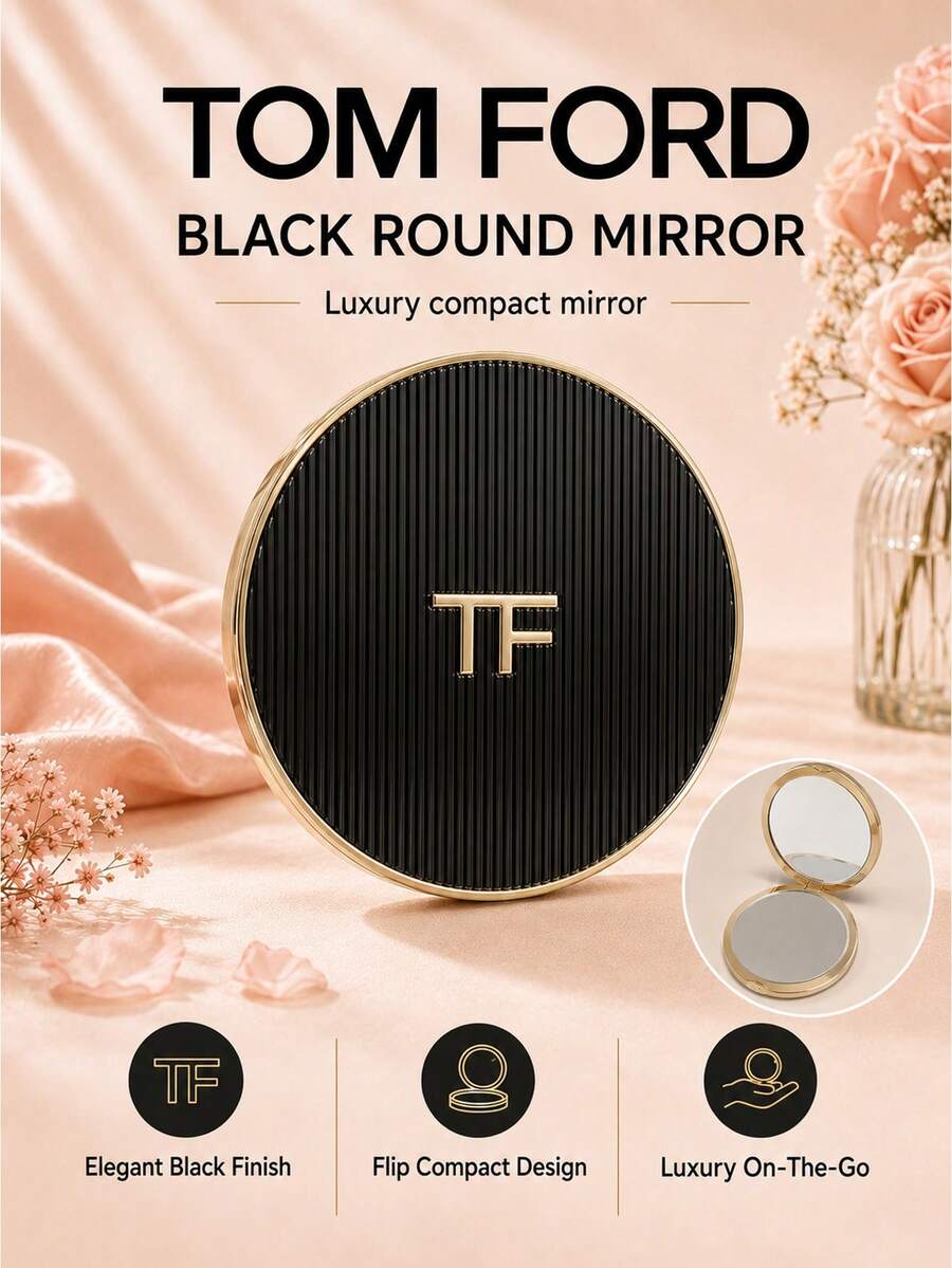 Tom Ford مرآة دائرية سوداء من TF بقطر 7 سم، مرآة مزدوجة الوجه صغيرة الحجم ومستديرة، سهلة الحمل والتخزين، مثالية للمكياج اليومي، وحملها أثناء السفر، وتقديمها كهدية