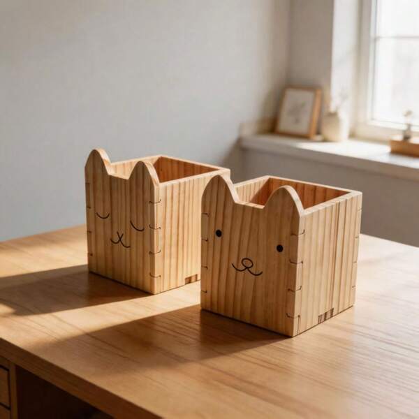 Handmade Natural Wooden Animal Pen Holder, Bear And Cat Cartoon Desktop Storage Box, Cute Back To School Desk Decor Organizer, Suitable For Children Students, Classroom Study Room Use Gift