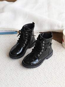 Glossy Girls' Boots, 3D Butterfly Embroidered Side Zipper Work Boots, Children's Non-Slip Low Chunky Heel Ankle Boots - Black - View 2