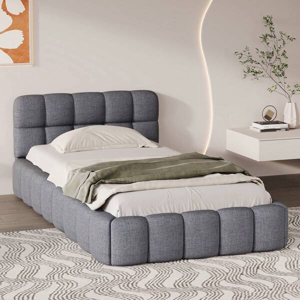 Caluself Single Bed Frame 90x190cm, Upholstered Headboard, Suitable For Bedrooms And Teenagers, Modern Style Furniture, Linen Material, Gray (No Mattress)