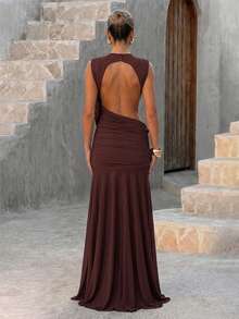 Elegant Sexy Backless Party Dress, Round Neck Pleated Design, Backless Detail, Perfect Choice For Parties - Brown - View 9