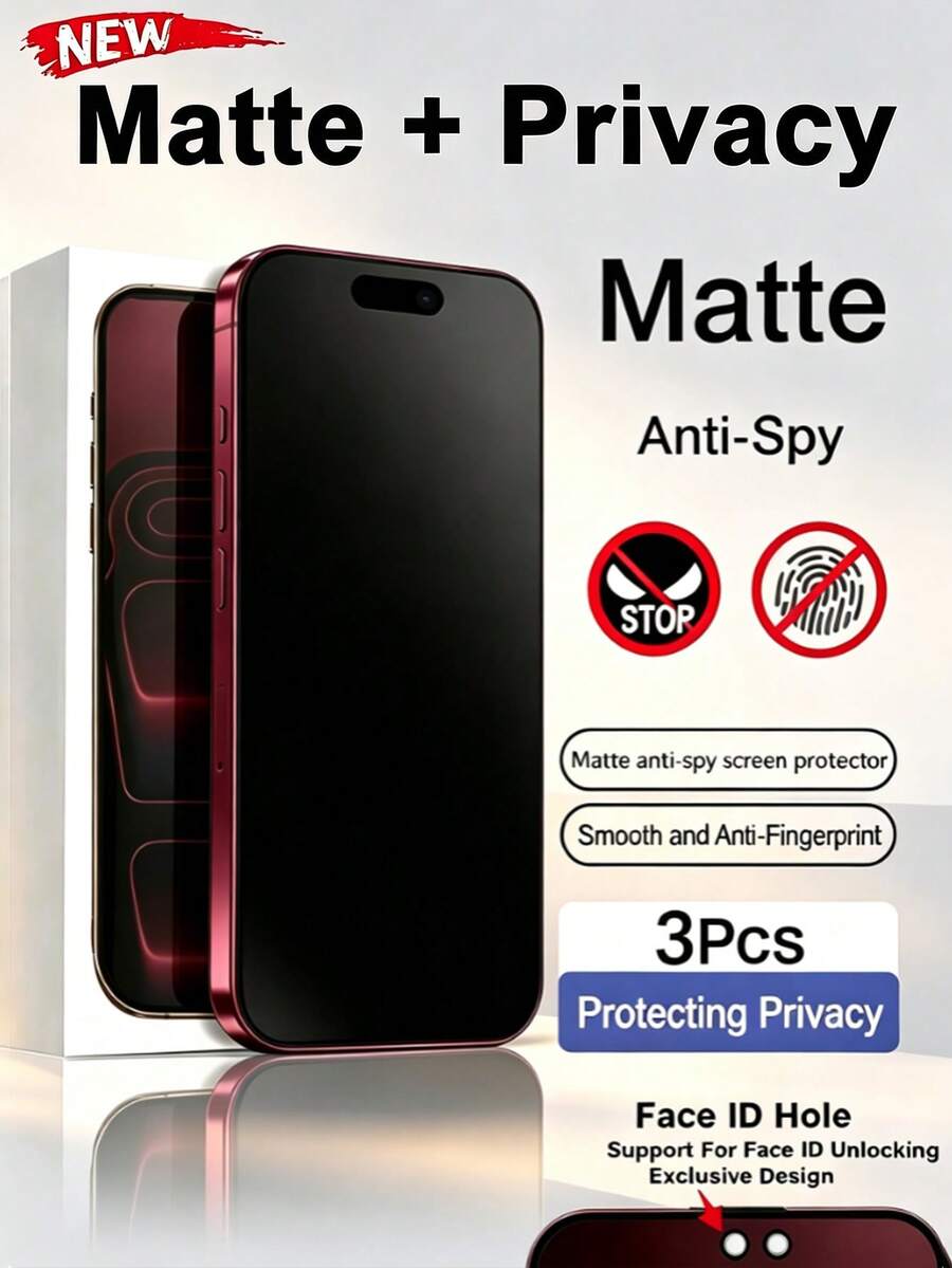 NNBILI 3片裝隱私防窺磨砂手機螢幕保護貼，全螢幕覆蓋，相容 iPhone 18 Pro Max/18 Pro/18/17 Pro Max/17 Pro/17 Air/17/16E/16 Pro Max/16 Pro/16 Plus/16/15 Pro Max/14 Pro Max/13 Mini/12/11/XS MAX/XR/8/7 Plus 系列，觸感滑順、防指紋、防眩光、易安裝，可搭配手機殼使用