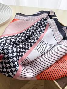 1pc Women's Vintage Houndstooth Diagonal Striped Small Square Bandana, Colorblock Geometric Patchwork Satin Silk Scarf, Versatile Necktie Hairband Bag Tie, Commuter Office Chic Outfit Accessory - Multicolor - View 6