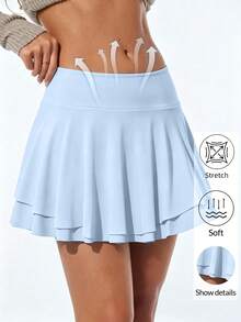 1pc Women's Sports Skirt, High Waist Running Skort With Pockets, 2 In 1 Design - Baby Blue - View 1