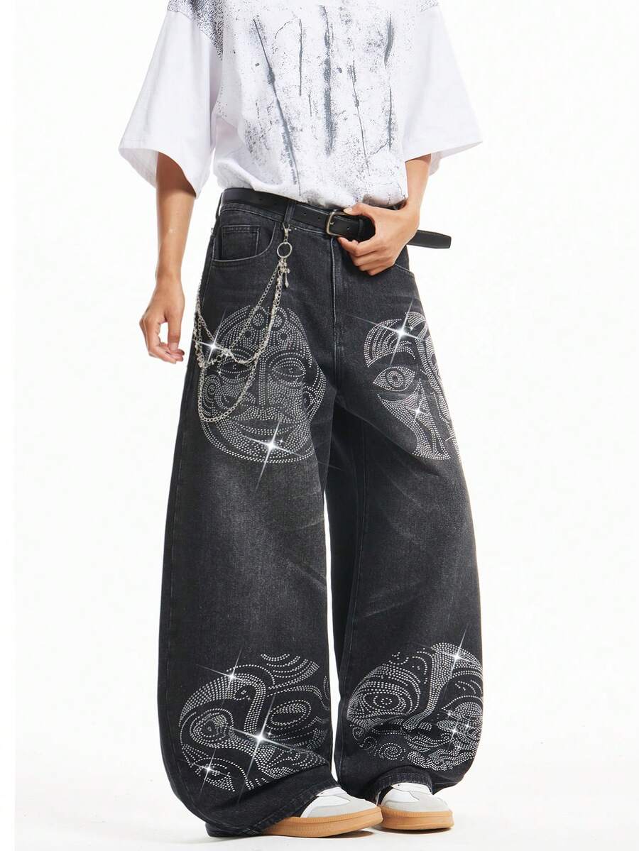 Justice Brother 1pc Hong Kong Style Street Fashion Personalized Rhinestone Men's Denim Jeans, Fashionable All-Season Loose Wide Leg Long Pants (Belt/Accessories Not Included) - Black - View 1