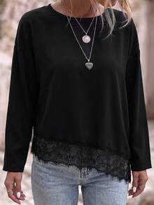 Plus Size Women Solid Color Contrast Lace Hem Long Sleeve Top - Black - View 5