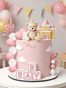 1pc Teddy Bear Cake Topper Castle, Letter "Baby" Baby Shower Cake Decoration, Birthday Party Supplies, Baby Shower Gift - Multicolor - View 4
