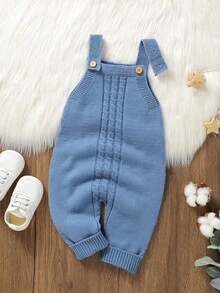Baby Sweater Romper, Foggy Blue Cable Knit Suspender Crawler, Single Piece Solid Color Cable Knit Suspender Jumpsuit, Infant Vintage Romper - Blue - View 7
