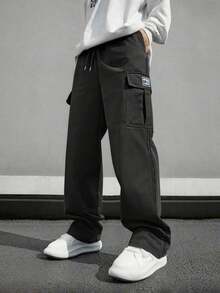 1pc Men's Casual Sports Cargo Pants, Loose Straight Leg Fit, Good Drape, Suitable For Home And Outdoor Activities, Also As A Couple Gift. Made Of 100% Polyester Fabric, Equipped With Drawstring Waistband For Easy Adjustment, Multiple Colors Available. - Black - View 3