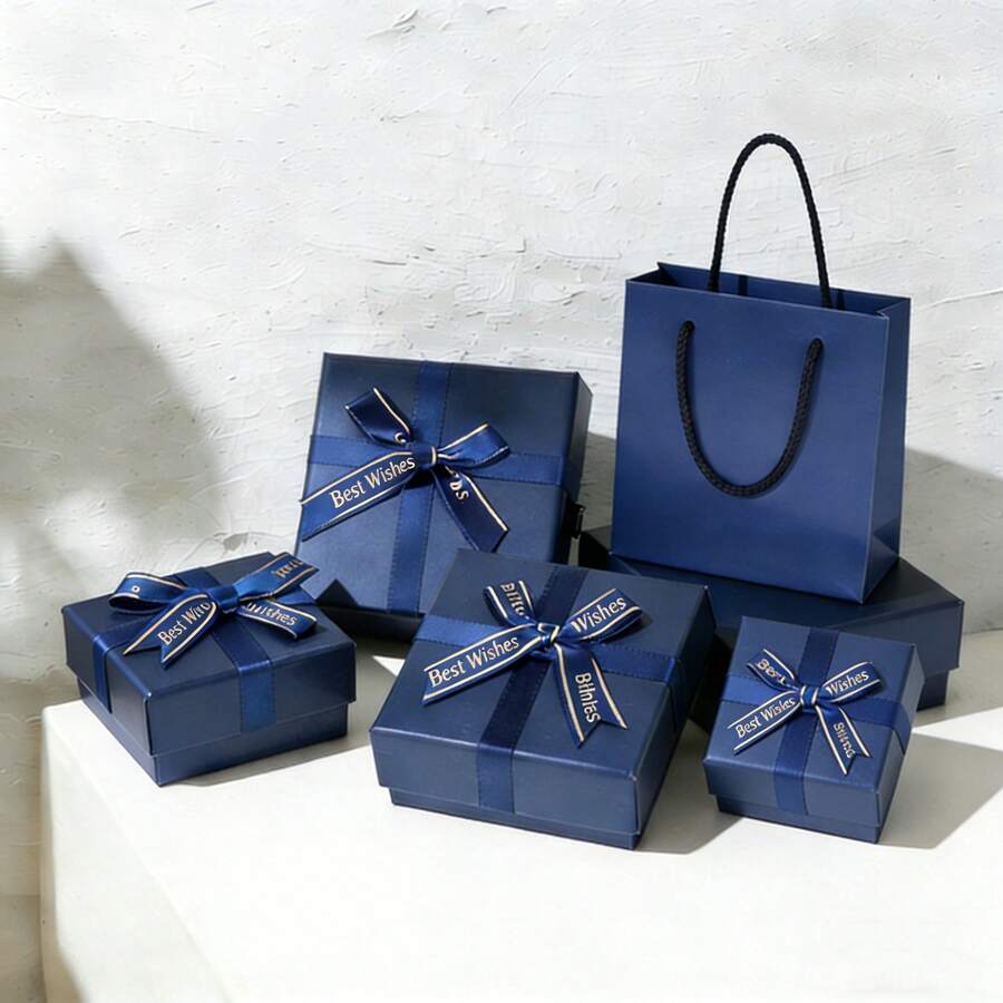 EIGIIS Starry Blue Jewelry Gift Box With Bow, Lid And Base Set, 4 Sizes + Gift Bag, Ring Necklace Bracelet Box, Jewelry Packaging - Royal Blue - View 1