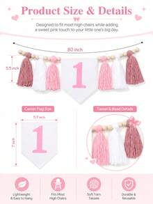 Conjunto de Bandera de Corona con Lazo para Silla Alta del 1er Cumpleaños, Decoraciones para Niña del 1er Cumpleaños, Bandera de Lazo Rosa, Accesorios para Fotos de Pastel Dulce, Fiesta de Princesa Pequeña con Lazo de Cinta Rosa - Rosa - Ver 4