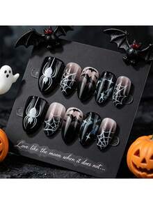 30pcs Dark Gothic Style Halloween Black Short Press On Nails Acrylic, Almond Shaped Nails Bat Spider And Web Glossy Decoration Design, Full Coverage, Press-On False Nails, Suitable For Women'S Holiday, Party And Dance Nail Decoration - Black - View 2