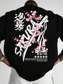 Men's Round Neck T-Shirt With Samurai Sword And Tokyo Cherry Blossom Theme| Short Sleeves, Japanese Ink Style, Standard Cut, Polyester Fabric - Black - View 3