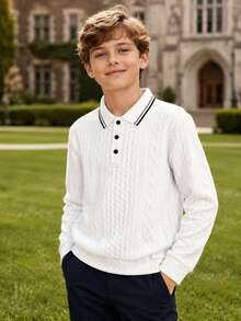 Tween Boy Casual Elegant Fashionable Handsome Textured Jacquard Fabric Long Sleeve POLO Shirt Suitable For Spring/Summer Season Suitable For Back To School Daily Outings Vacation - White - View 2