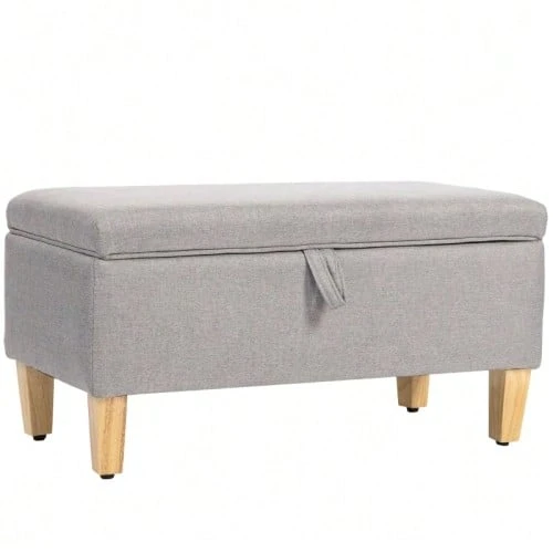 Linen Storage Bench, Padded Ottoman With Rubberwood Legs, Dust-Proof Chest, Light Gray - 淺灰色 - 查看 1