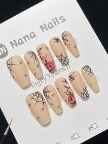 1 Confezione/10 pezzi Unghie finte adesive Ognissanti neutre dipinte a mano con zucca e ragnatela, estetica nude, lusso Grandpacore, forma mandorla corta, adesivi per unghie - Albicocca - Visualizzare 4