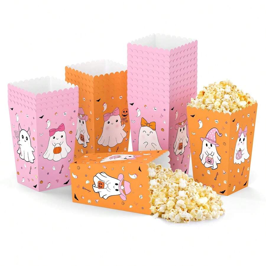 10pcs/30pcs/50pcs/100pcs Halloween Ghost Popcorn Gift Boxes, Disposable Paper Boxes With Cute Pink And Orange Ghost Design, Perfect For Holding Snacks And Candy; Suitable For Halloween, Birthday Parties And Day Of The Dead Celebrations - Multicolor - View 1