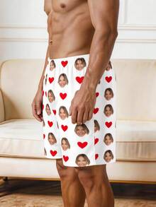 Custom Men's Pajama Shorts With Face Photo Print And Heart Pattern, Beachwear Swim Trunks, Boyfriend Holiday Gift - White - View 3