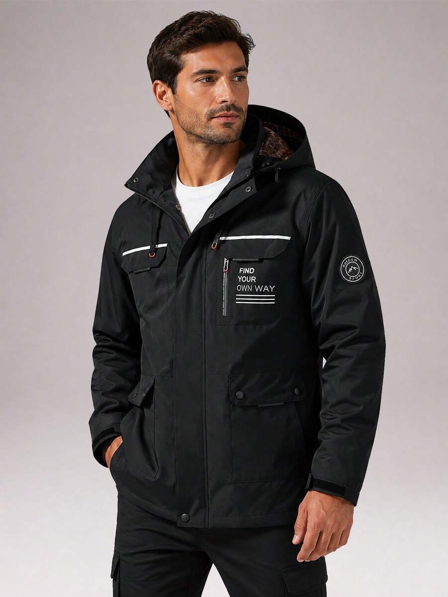 CZRLHYT Men's Hooded Drawstring Soft Shell Jacket, Suitable For Sports And Casual Wear, Front Large Pockets, Ideal For Daily Outdoor Outfits, Versatile - Black - View 1
