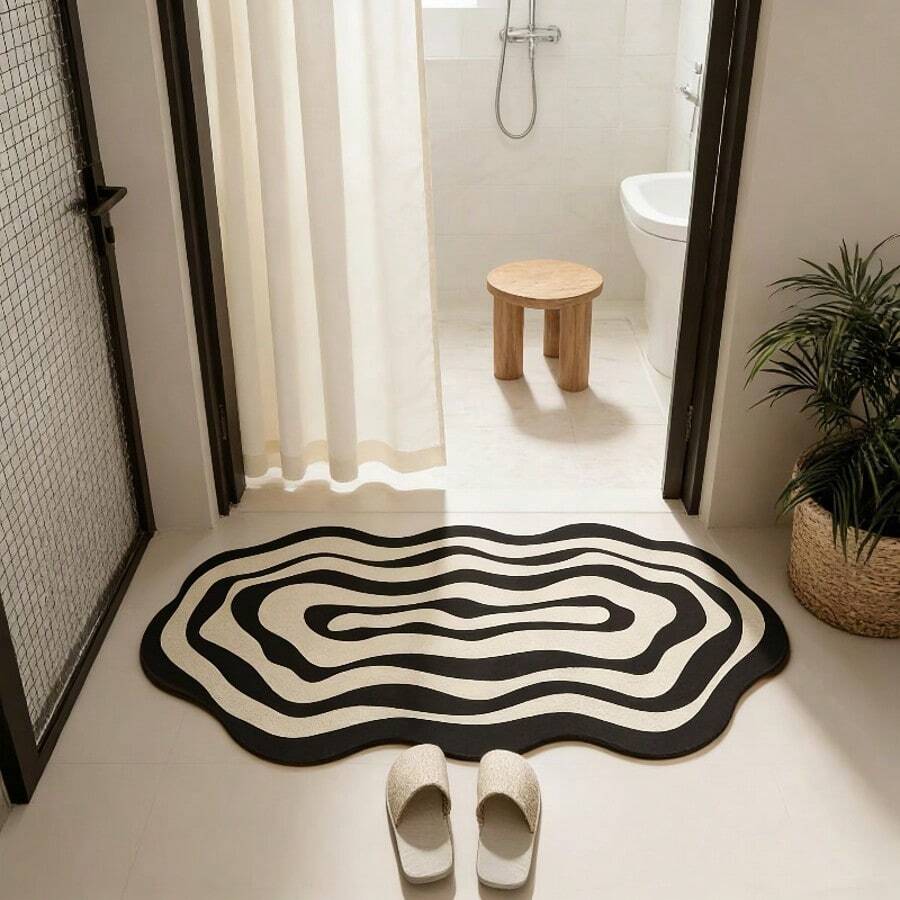 1pc Asymmetrical Black And White Wave Circle Pattern Floor Mat, Bathroom Mat, Bathroom Rug, Door Mat, Small Rug, Carpet, Floor Mat, Home Decor, Area Rug, Outdoor Mat, Home Decor, Area Carpet, Bedroom Rug, Washable Carpet - Multicolor - View 1