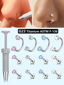 4件組 ASTM F-136 鈦金可愛迷你馬蹄形鼻環與夾取工具－閃亮 CZ 鼻環，適用於軟骨、耳屏或耳輪穿刺 - 銀色 - 查看 1