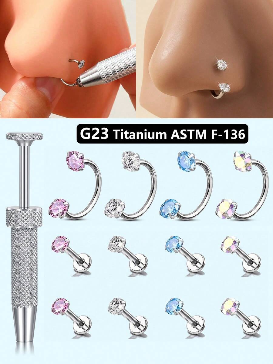 4件組 ASTM F-136 鈦金可愛迷你馬蹄形鼻環與夾取工具-閃亮 CZ 鼻環,適用於軟骨、耳屏或耳輪穿刺 - 銀色 - 查看 1