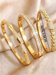 3pcs Assorted Styles Copper & Stainless Steel Bracelet Set, Gold-Plated Everyday Versatile Jewelry, Skin-Tone Friendly, Elegant Inlaid Stackable Bracelets, Brightening Effect, Exquisite Gift For Best Friend, Suitable For Various Style Outfits - Gold - View 3