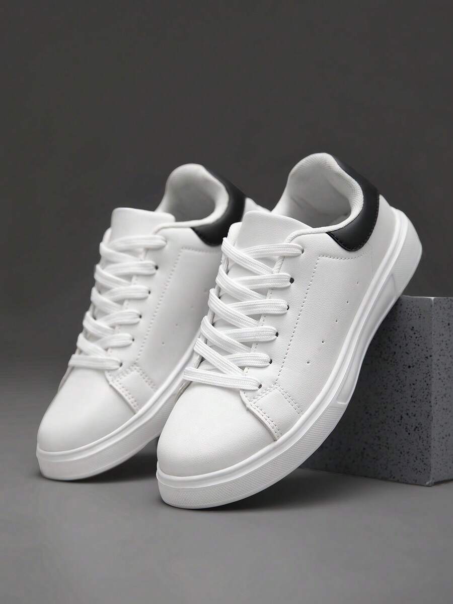 Men's Round Toe Lace-Up Flat Skate Shoes Casual Style All Season White - White - View 1