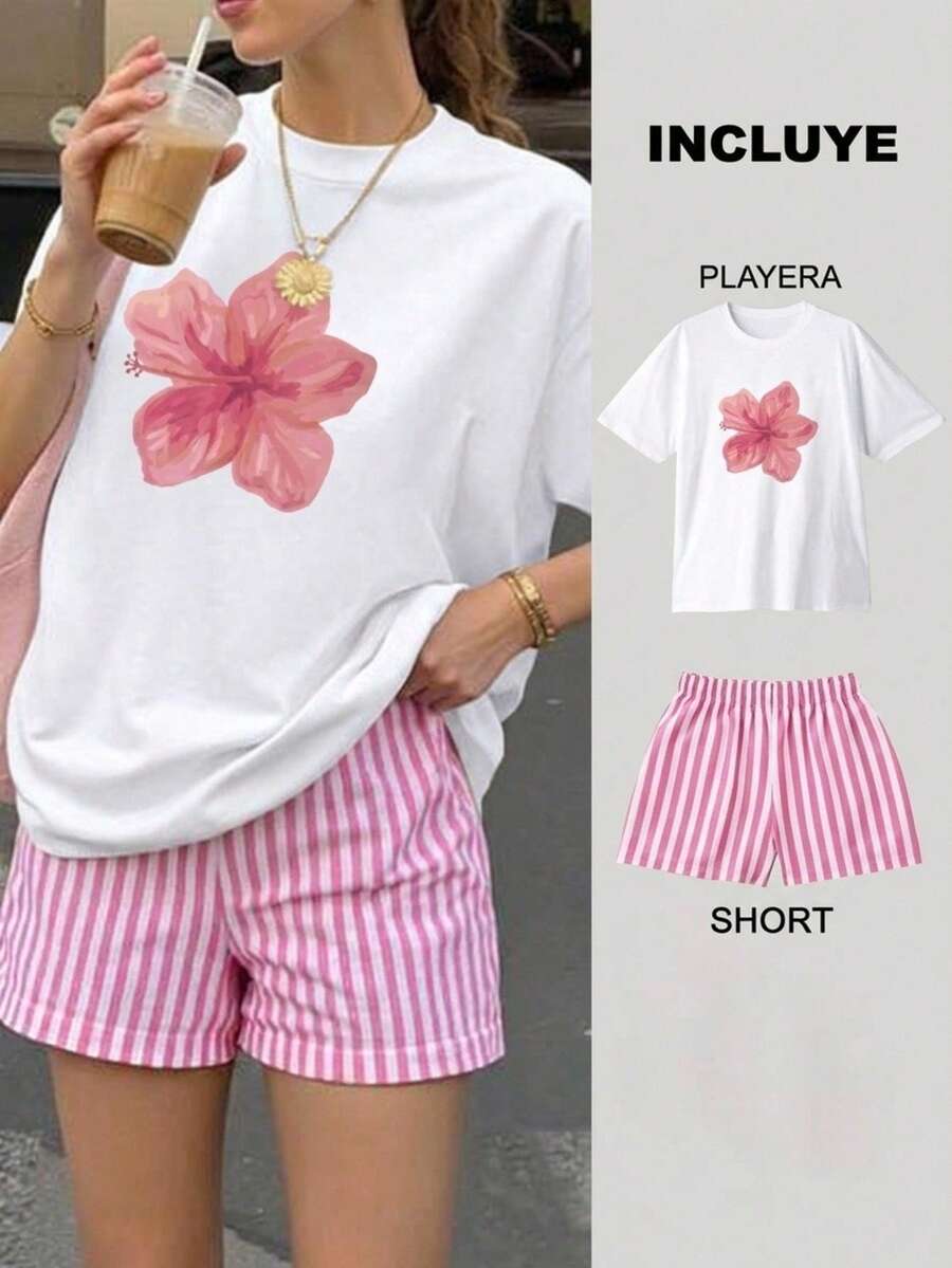 Women Two-Piece Outfits - 2 Playera Blanca con Short Rayas Rosa con Blanco - View 1