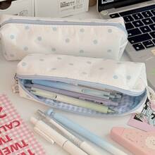 [Kembali ke Sekolah] 2 Buah Kotak Pensil Polkadot Biru Muda Lucu, Lapisan Ganda Bermotif Kotak-kotak, Dekorasi Kelinci, Kain Oxford, Kantong Pensil Kapasitas Besar dengan Resleting, Tas Penyimpanan Alat Tulis yang Manis, Cocok untuk Pelajar, Kantor, Hadiah Penyimpanan Kosmetik - Tempat Pensil Polkadot Putih Krem - View 2
