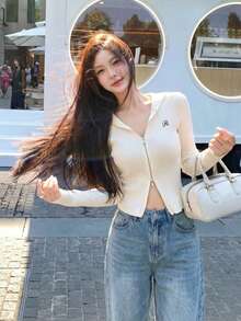 Kardigan Rajut Bergaris dengan Tudung, Sweater Serbaguna yang Melangsingkan dengan Resleting Ganda, Atasan Lengan Panjang Musim Gugur dengan Bordir Huruf - Aprikot - View 3