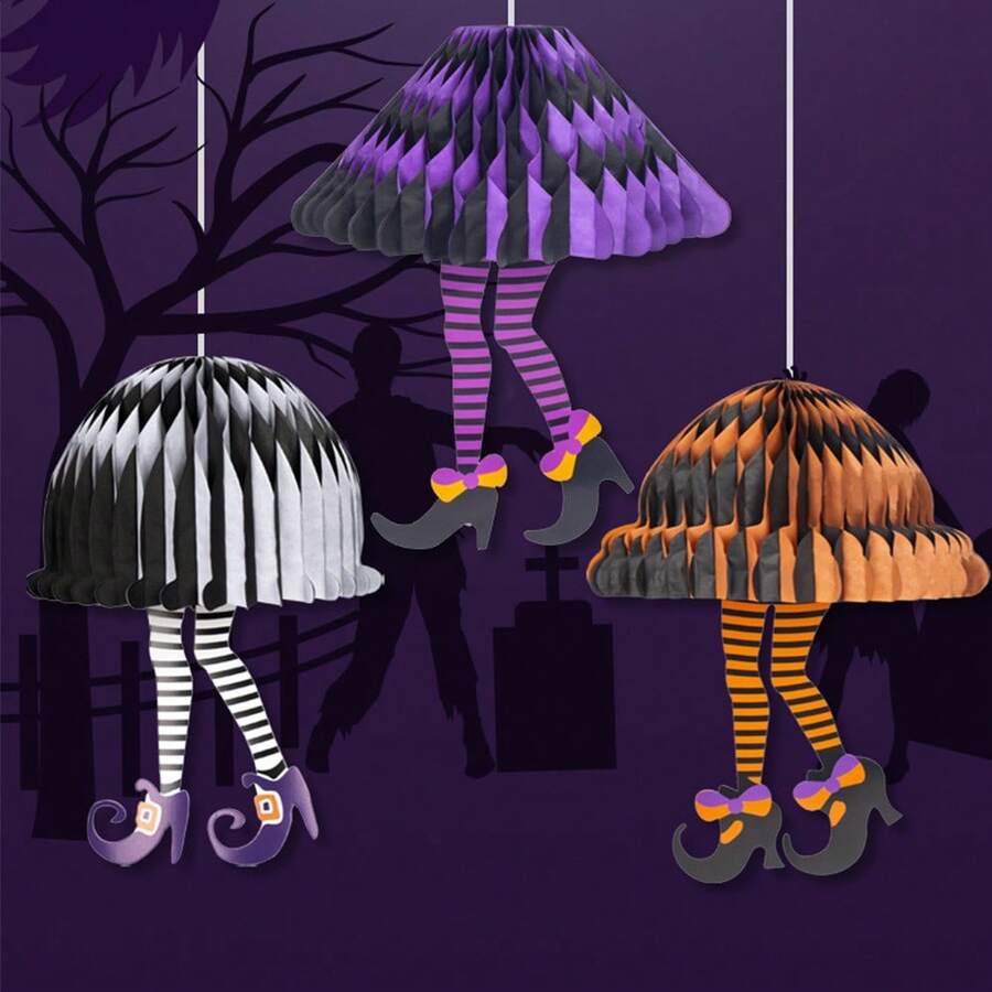 3/1pc Halloween Party/Party Decoration Spooky Honeycomb Hanging Decor Witch Legs 3D Hanging Ornament Haunted House Bar Party Atmosphere Props, Indoor/Outdoor Use, Yard/Garden/Lawn, Doorway/Porch Party Decoration - Multicolor - View 1