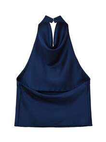Spring/Summer Solid Color Satin Halter Neck Backless Top - Navy Blue - View 4