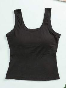 CELILIN Wide Strap Non-Digging Square Neck Ribbed Waist Tank Top With Built-In Padding, Slimming Versatile Base Layer - Black - View 7