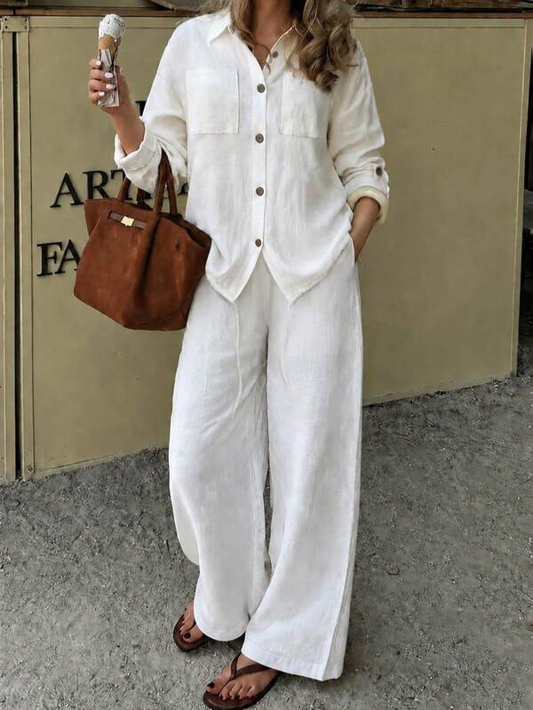 Conjunto de 2 piezas de top de manga larga con botones delanteros y pantalones de pierna ancha de unicolor casual para mujer, elegante blanco para uso diario y vacaciones en primavera y verano