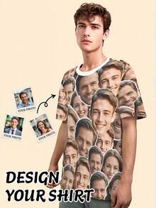 Men's Customized Photo Face T-Shirt, Personalized 3-Face All-Over Print Funny Short Sleeve Casual Creative Gift Shirt - Multicolor - View 2