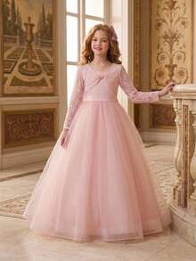 Tween Girls Lace Long Sleeve Bow Mesh Elegant Ball Gown Dress For Hosting Parties, Headband Not Included - Baby Pink - View 1
