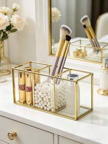 Makeup Brush Holder 3/4 Compartment Glass And Brass Cosmetic Storage 19.5*7*9cm Vintage Makeup Storage Box - Clear - View 6