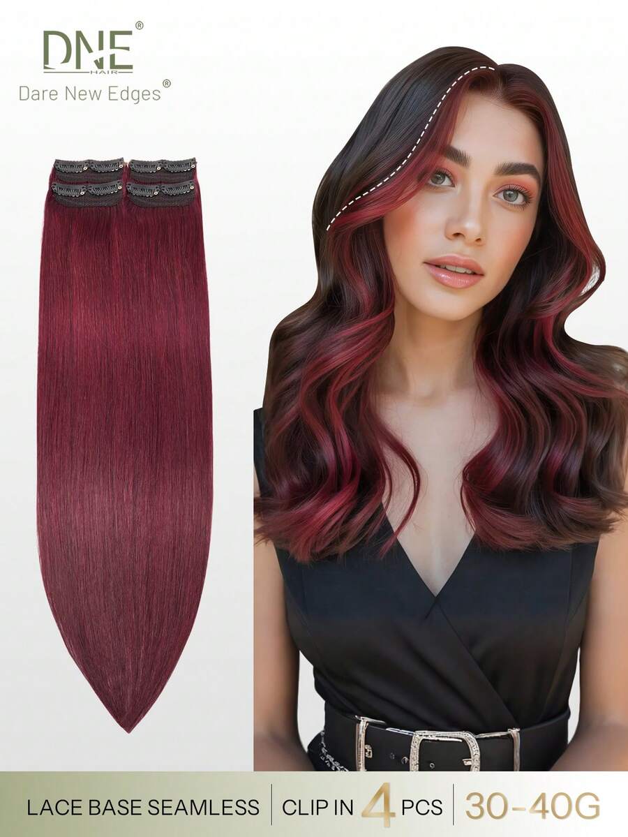 DNE HAIR 4pcs Ekstensi Rambut Manusia Lurus Jepit, 8 Jepit Desain Tak Terlihat Tenunan Ganda 99J# Rambut Asli Merah Anggur, 12-18 Inci, Tahan Lama Anti Rontok, Tekstur Lembut & Tebal, Cocok Untuk Pemakaian Seluruh Kepala, Pemakaian Sehari-hari, Cosplay Liburan, dan Penataan Gaya Musiman - S99J - View 1