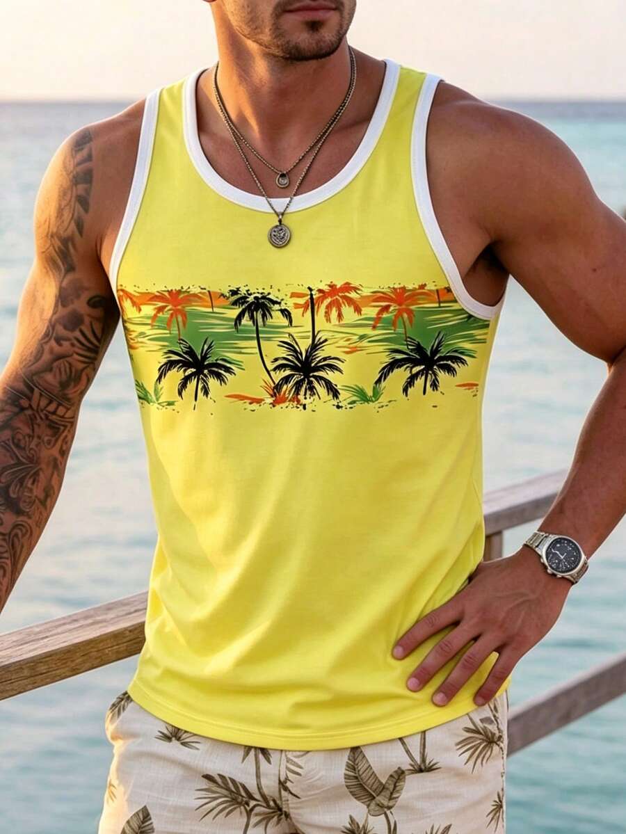 Men's Vacation Style Coconut Tree Print Tank Top, Summer Beach Casual Sleeveless Shirt - Yellow - View 1