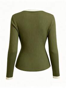 Cardigan Rajut Bergaris Leher V Wanita, Sweater Lengan Panjang Ringan dengan Kancing Depan dan Trim Kontras, Cocok untuk Musim Semi dan Musim Gugur - Hijau Tentara - View 3