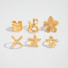 6pcs Vintage Bohemian Vacation Style Gold Flower & Starfish Ring Set, Stackable Rings, Women's Fashion Jewelry - Yellow Gold - View 10