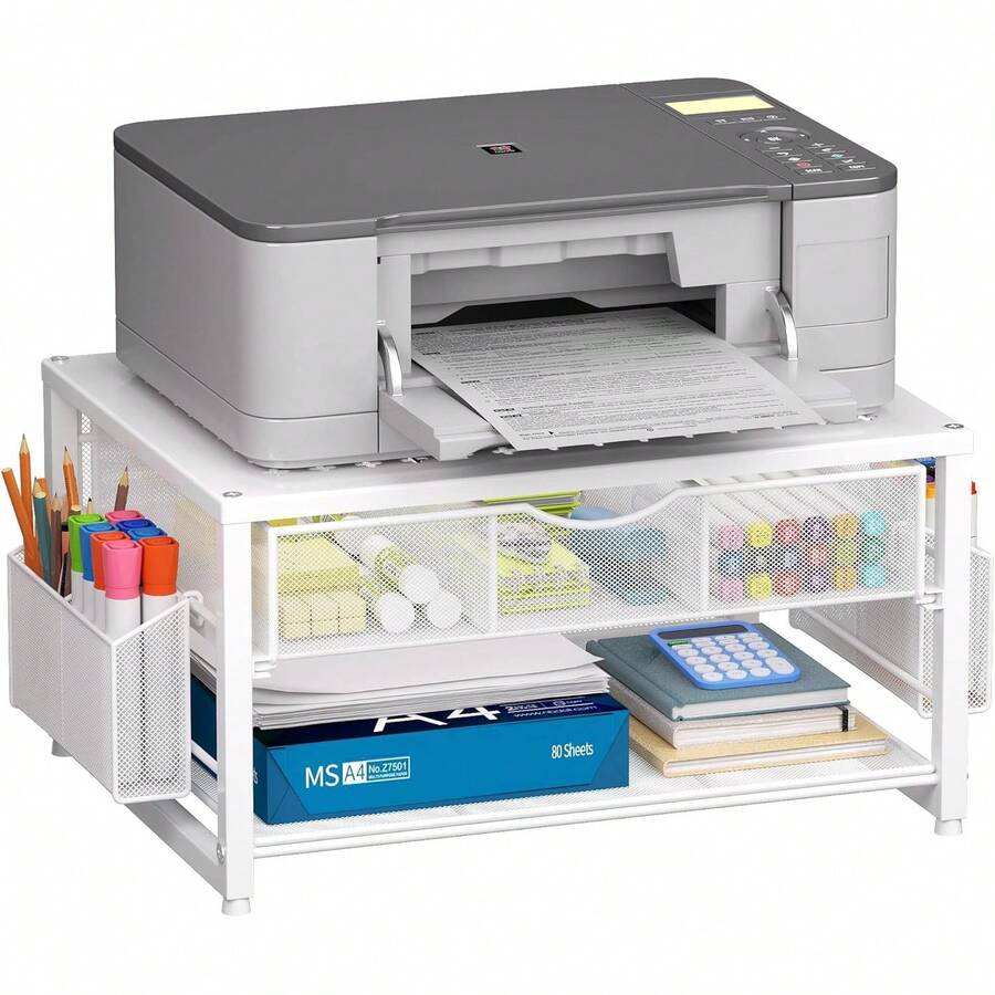 Marbrasse 2-stufiger Druckerständer, Monitor-Aufbewahrungsständer mit Schublade und 2 Stifthaltern, Metall-Büro-Organizer, Schreibtisch-Organizer für Fax, PC, Scanner (Weiß) YT2Y - Weiß - Übersicht 1